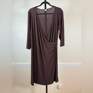Draped V-Neck Ruched Front Midi Dress Stretchy 3/4 Sleeve Brown Plus Size Brown